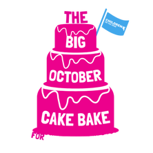 Large pink cake image showing the title 'The Big October Cake Bake for Children on the Edge' 